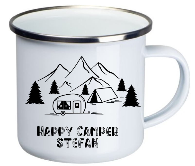 Emaille Tasse Camping - Wohnwagen rund Berge Lieferumfang Set-Artikel: Emaille Tasse